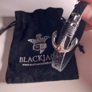 Blackjack Jewelry Mens Black Leather Stainless Steel Anchor Bracelet w Pouch